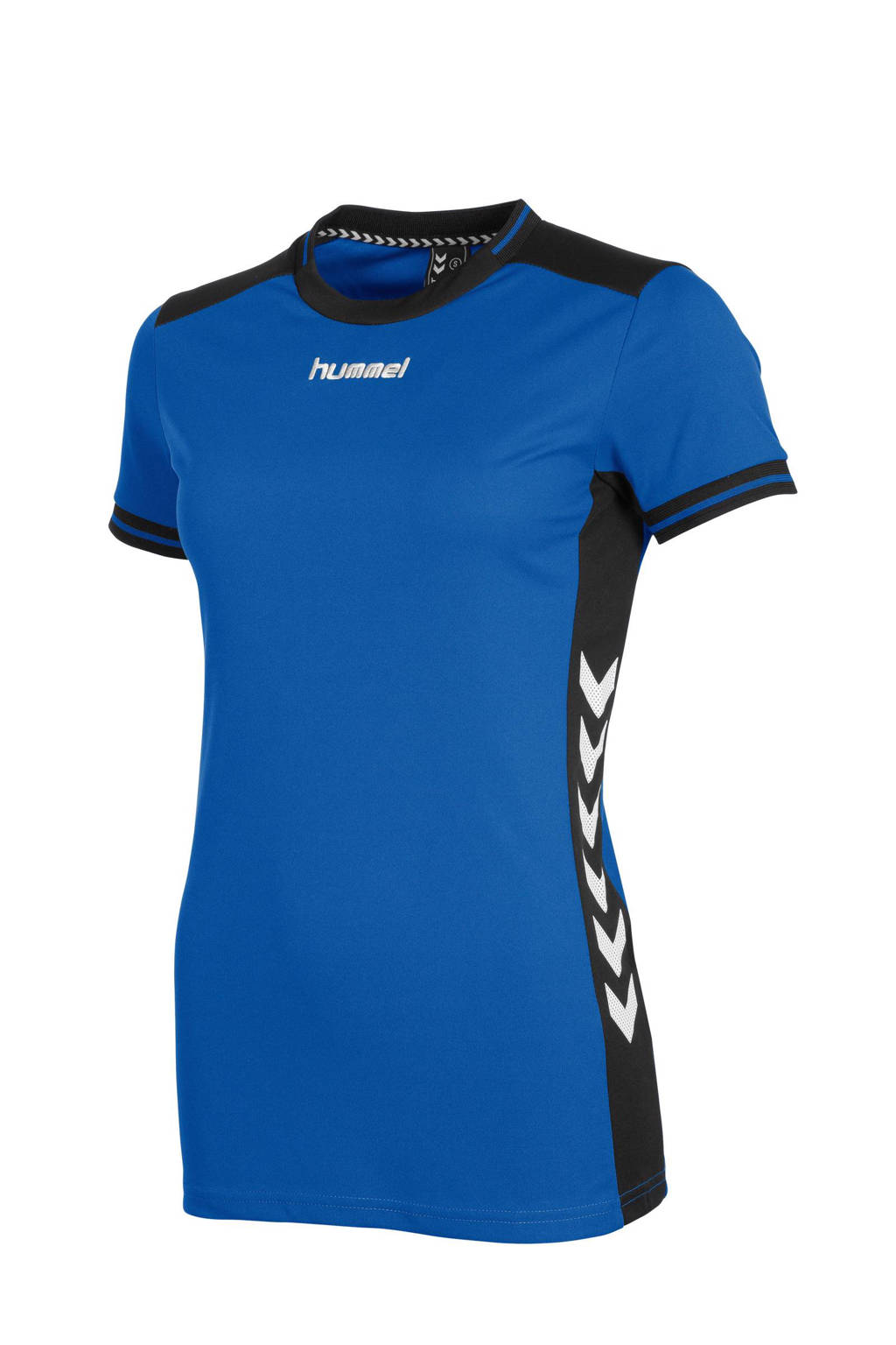 Blauw en zwarte dames hummel sport T-shirt van polyester met meerkleurige print, korte mouwen en ronde hals