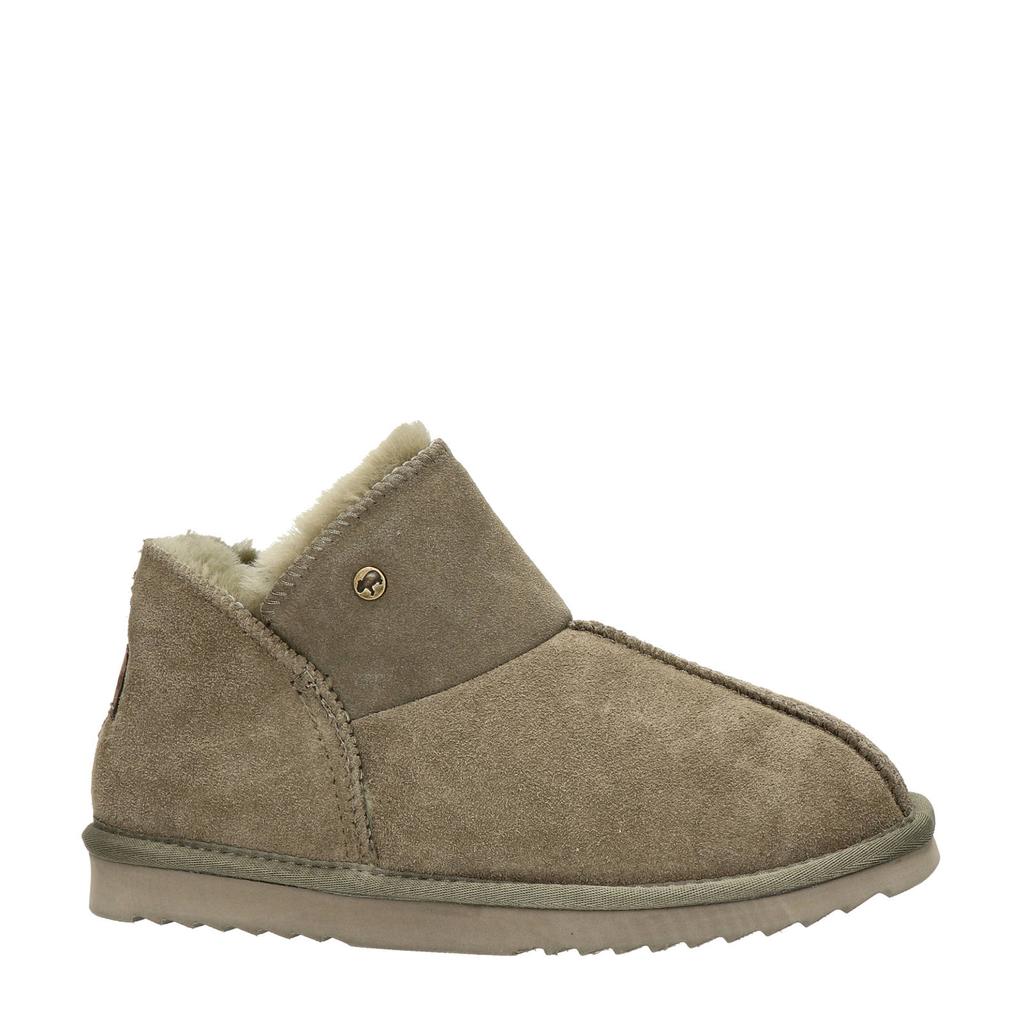 Bruin en kleikleurige dames Warmbat Australia Willow suède pantoffels mosgroen