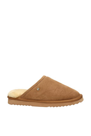 gevoerde suède pantoffels cognac