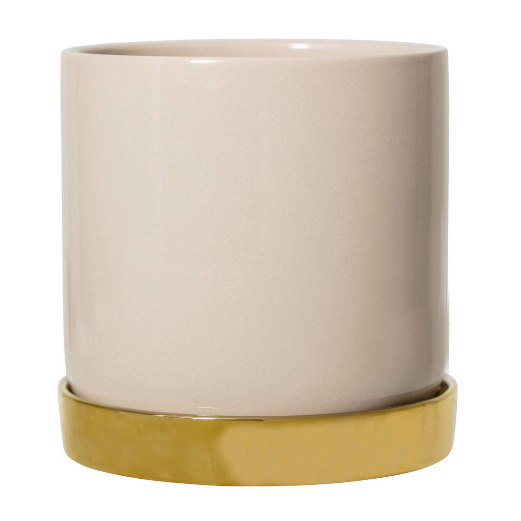 Bloomingville bloempot met schotel, Crème/goud