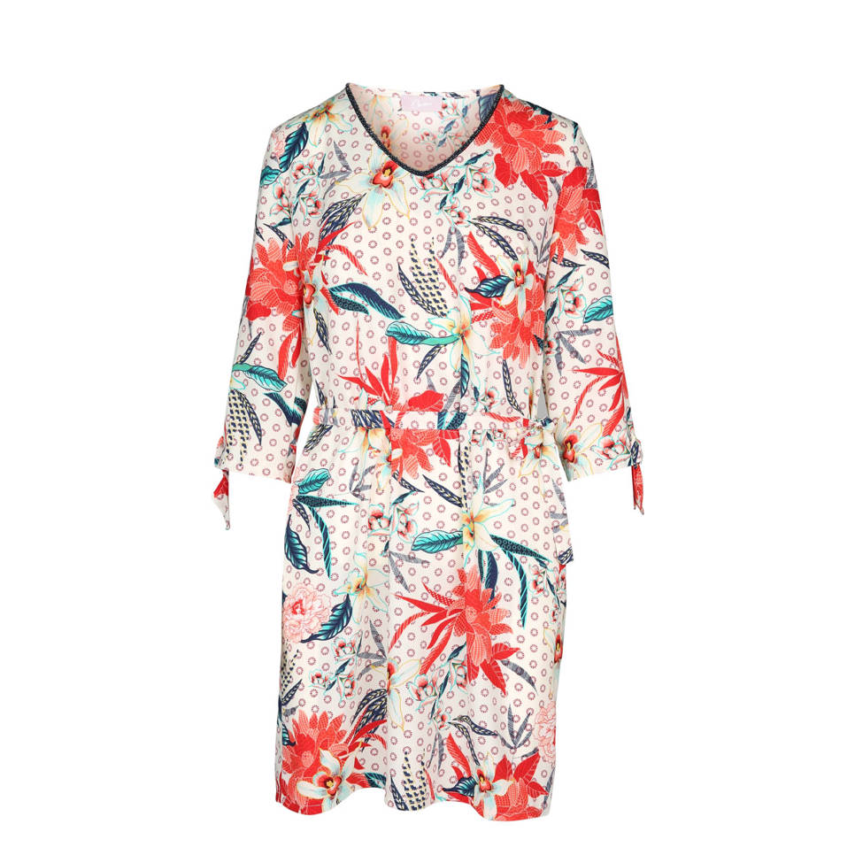 Cassis bloemen jurk, Ecru/zalm/donkerblauw/turquoise