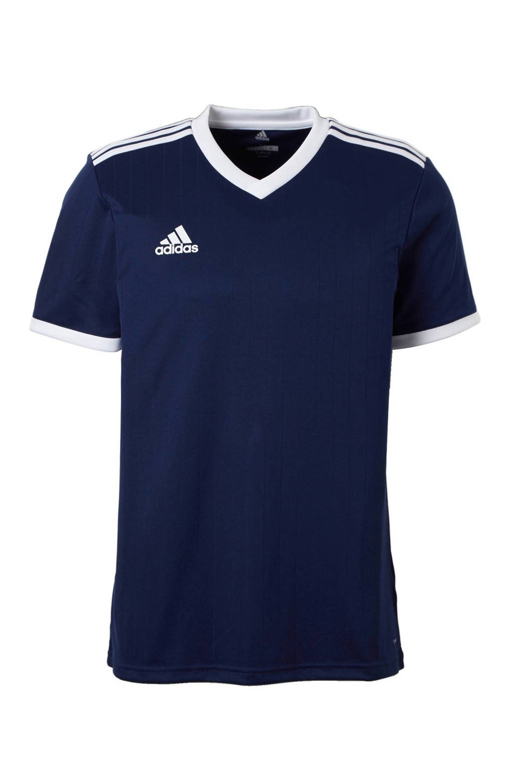 Donkerblauw en witte heren adidas Performance Senior sport T-shirt Tabela van polyester met korte mouwen en V-hals