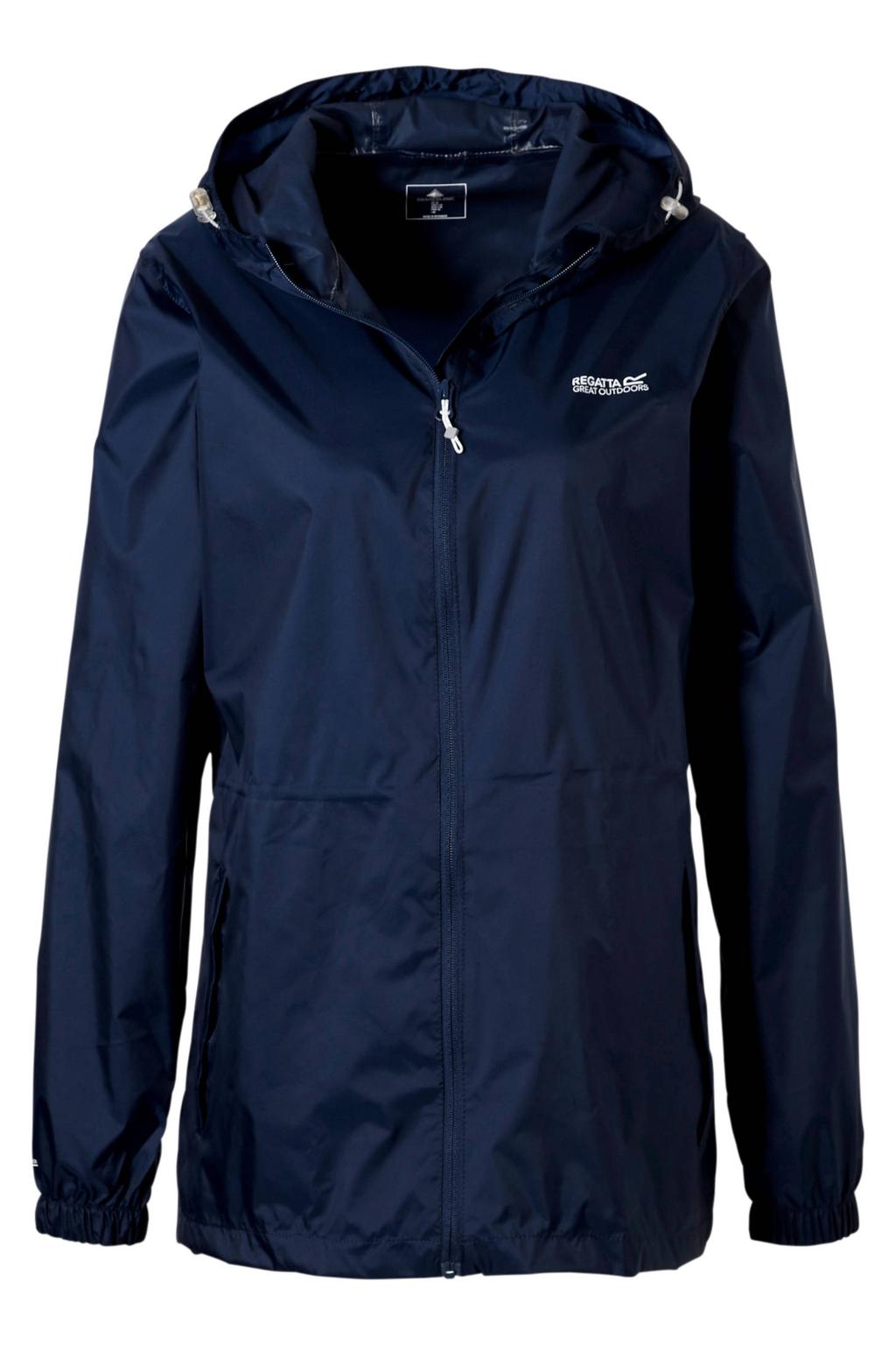 Donkerblauwe dames Regatta regenjas Pack It Jacket III van polyamide met effen, lange mouwen, capuchon en ritssluiting