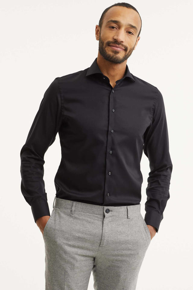 slim fit strijkvrij overhemd zwart | wehkamp