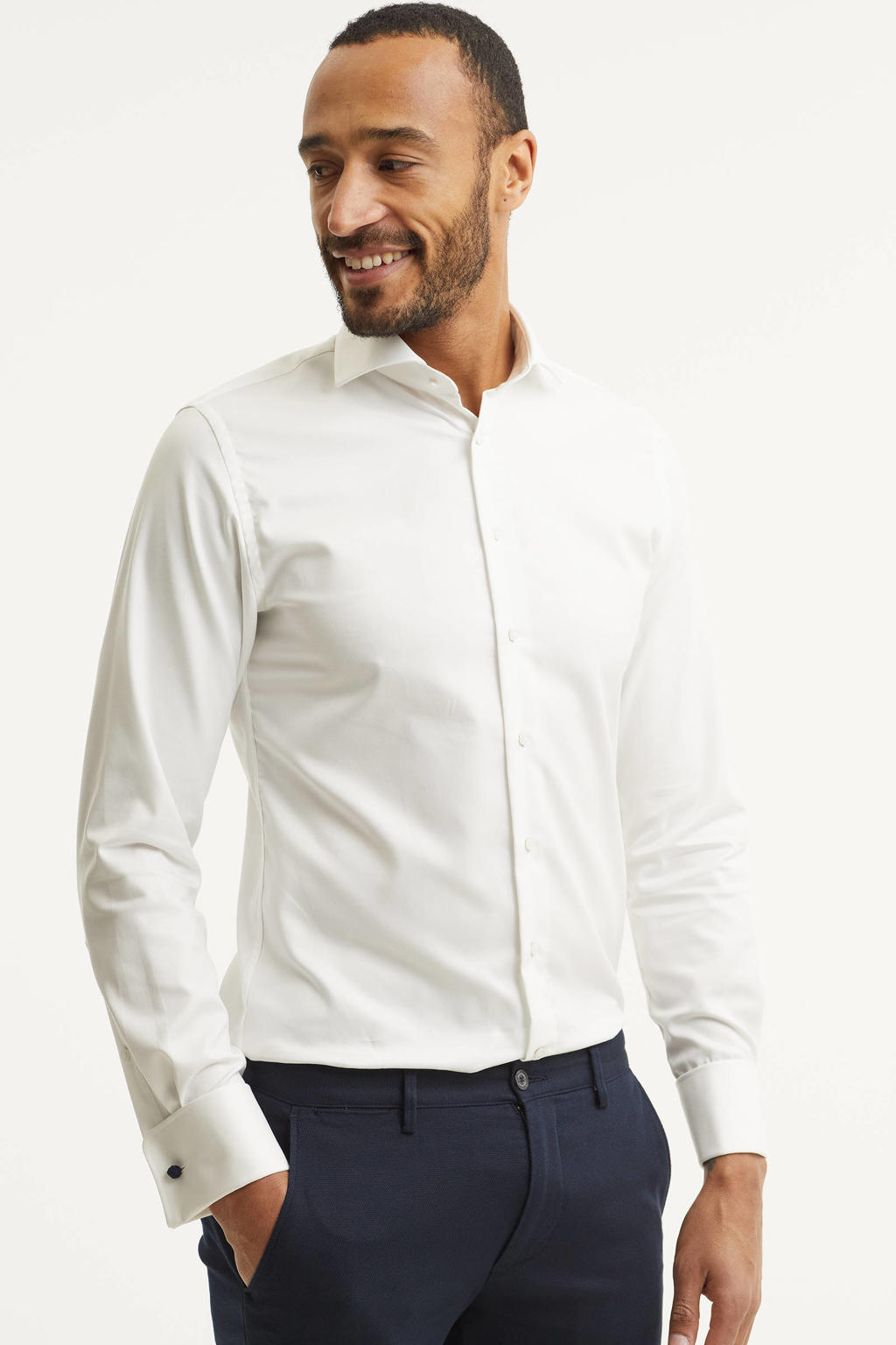 Witte heren Profuomo slim fit strijkvrij overhemd manchet twill two-ply van katoen met effen, extra lange mouwen en widespread hals
