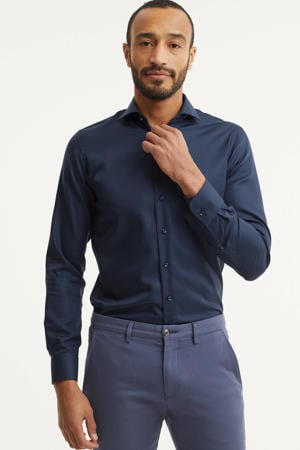 slim fit strijkvrij overhemd donkerblauw twill
