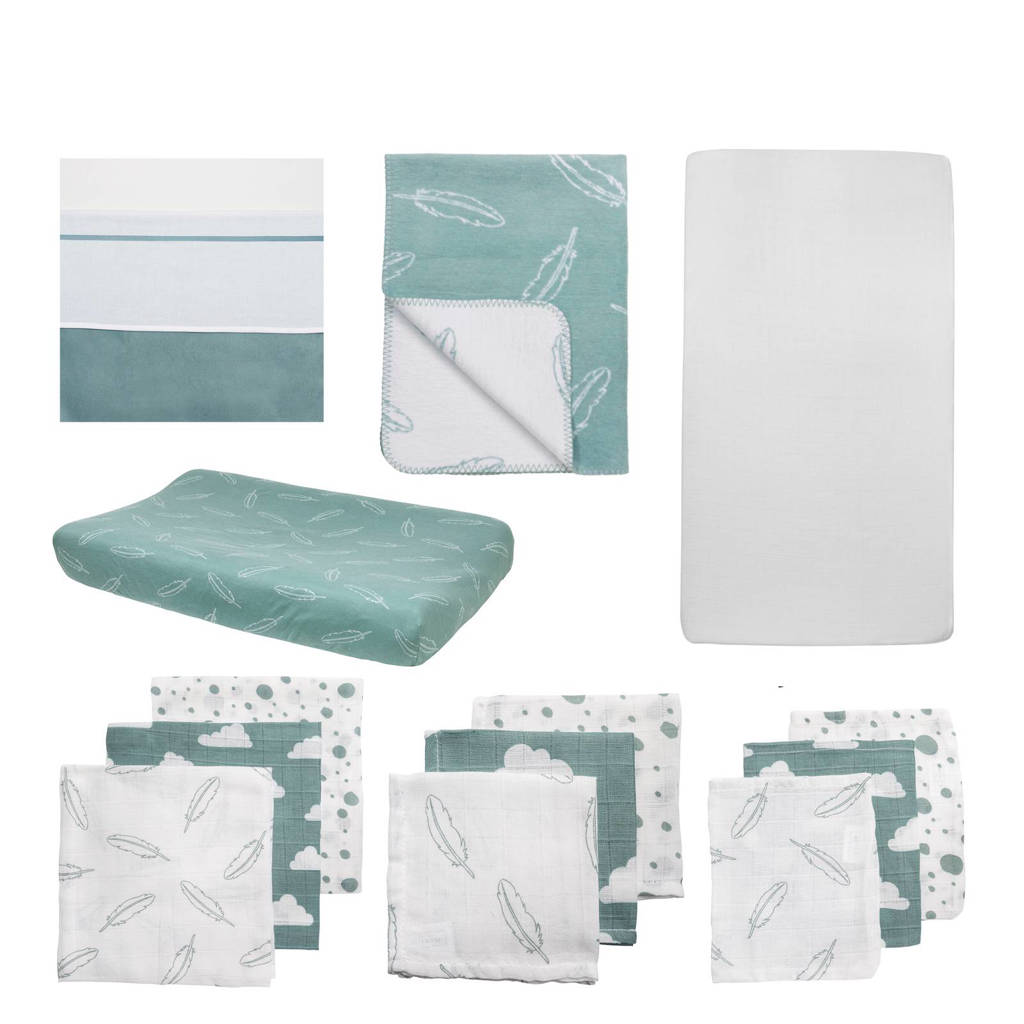 Meyco Feathers pakket ledikant stone green, Stone green/wit