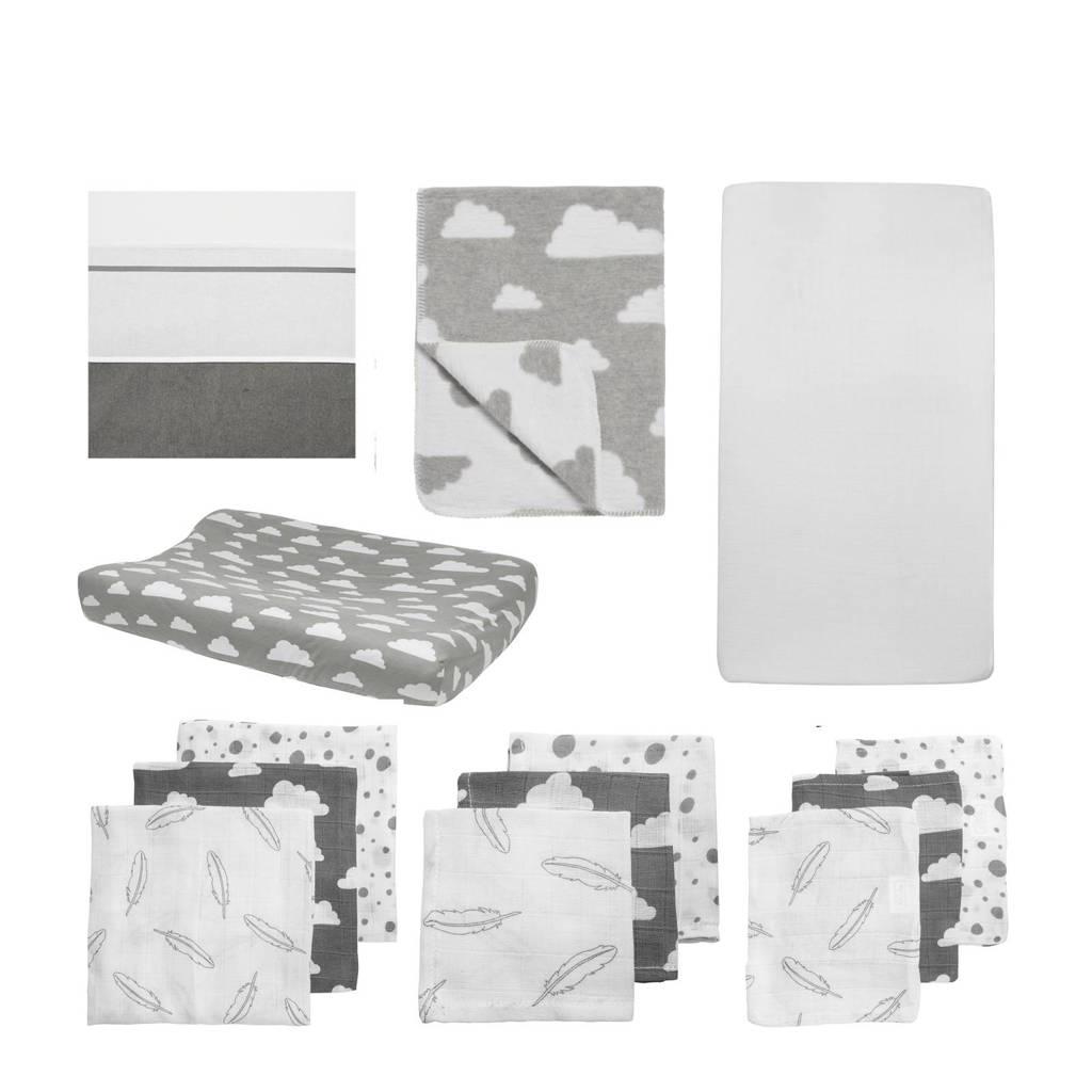 Meyco Little clouds pakket wieg grijs, Grijs/wit