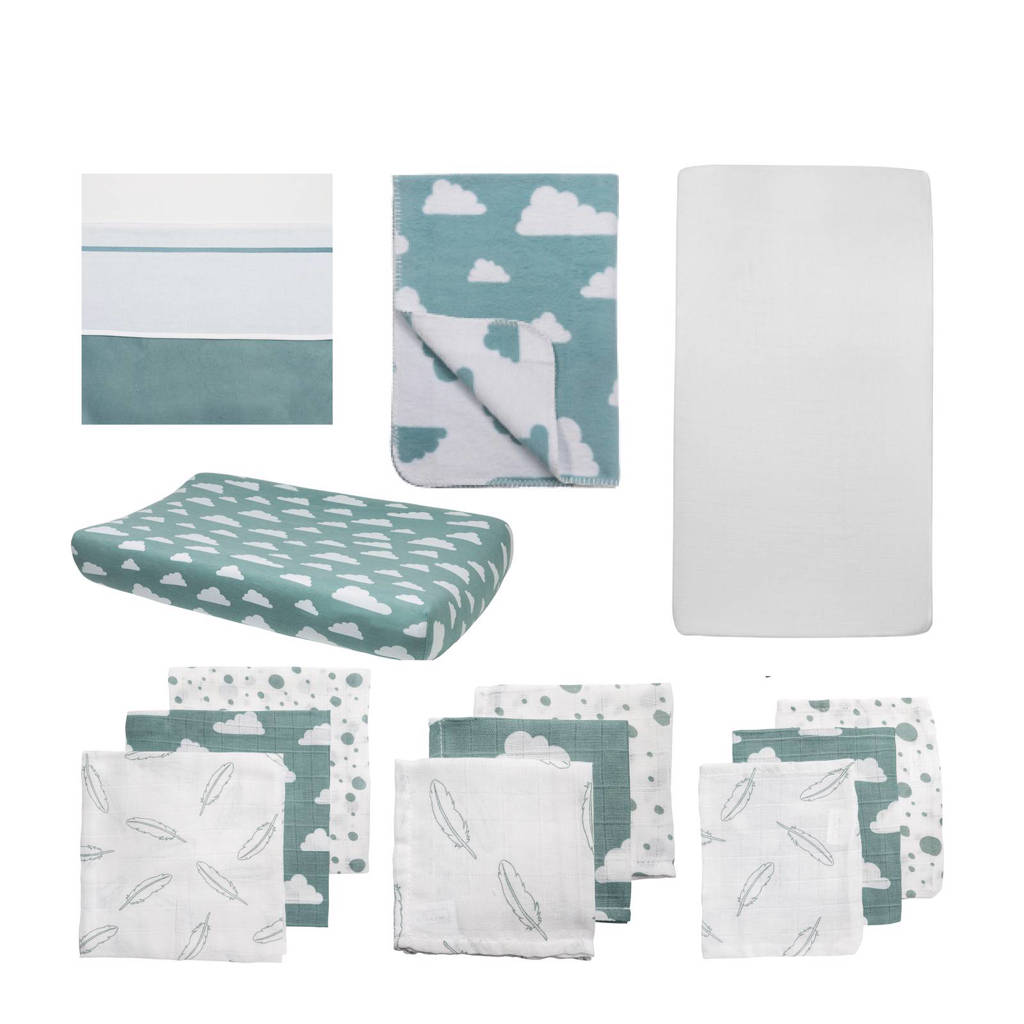 Meyco Little clouds pakket ledikant stone green, Stone green/wit