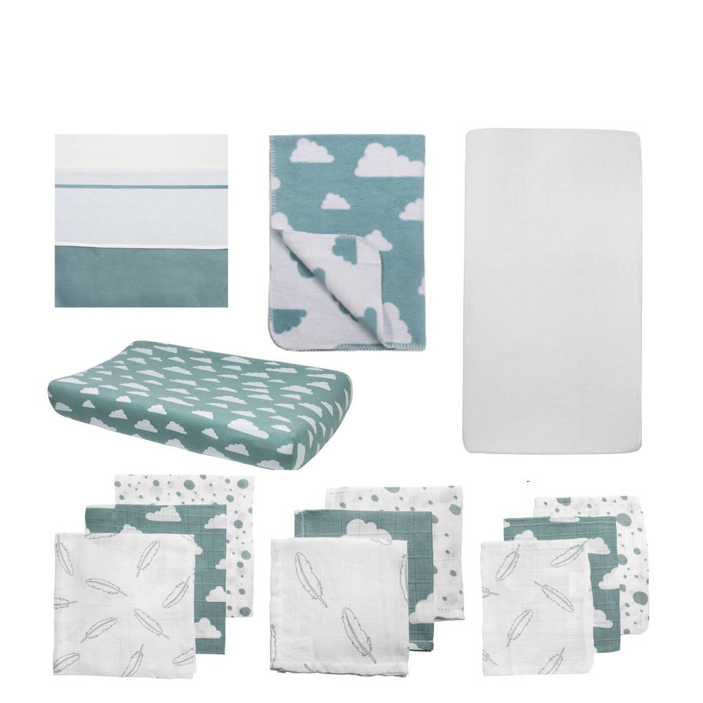 Meyco Little clouds pakket wieg stone green, Stone green/wit