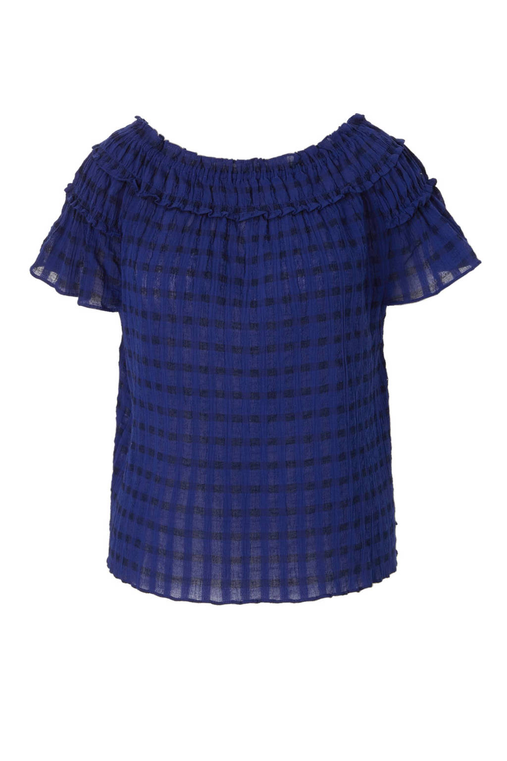 Violeta by Mango geruite off shoulder top, Blauw
