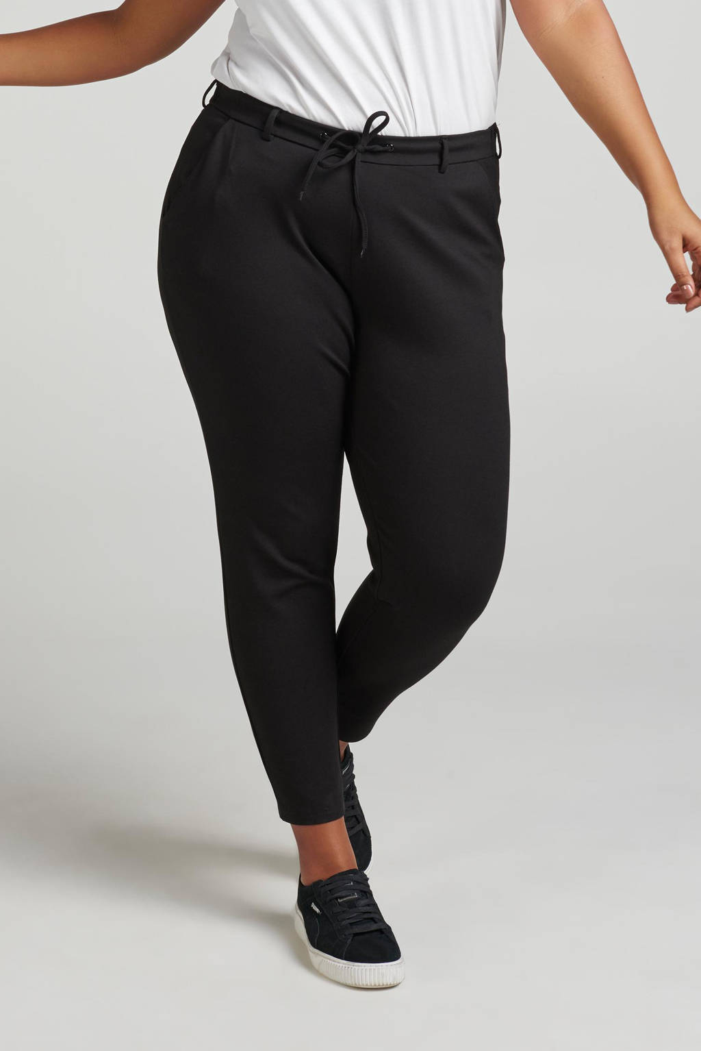 Zwarte dames Zizzi cropped slim fit broek Madison van rayon met regular waist en elastische tailleband met koord