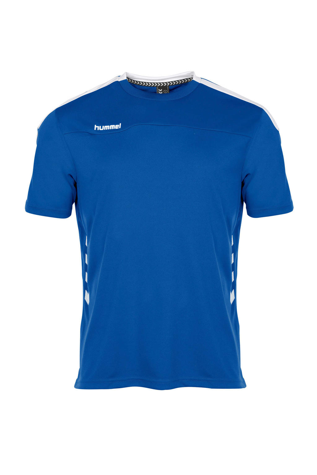 Blauw en witte heren hummel sport T-shirt van polyester met korte mouwen en ronde hals