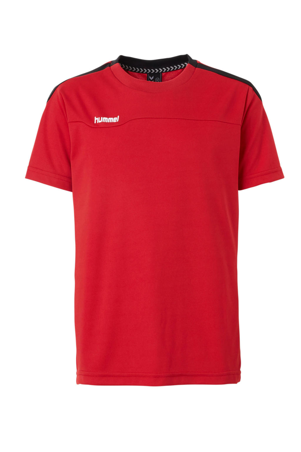 Rood, wit en zwarte jongens hummel sport T-shirt van polyester met korte mouwen en ronde hals