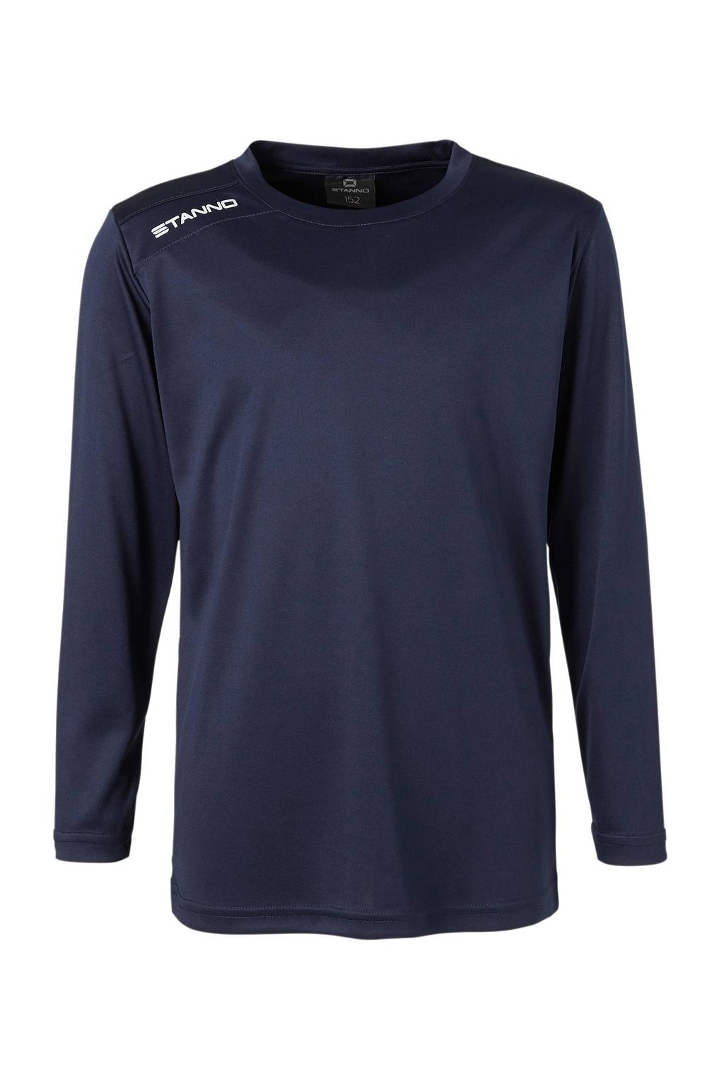 Donkerblauwe jongens en meisjes Stanno junior voetbalshirt van polyester met lange mouwen en ronde hals