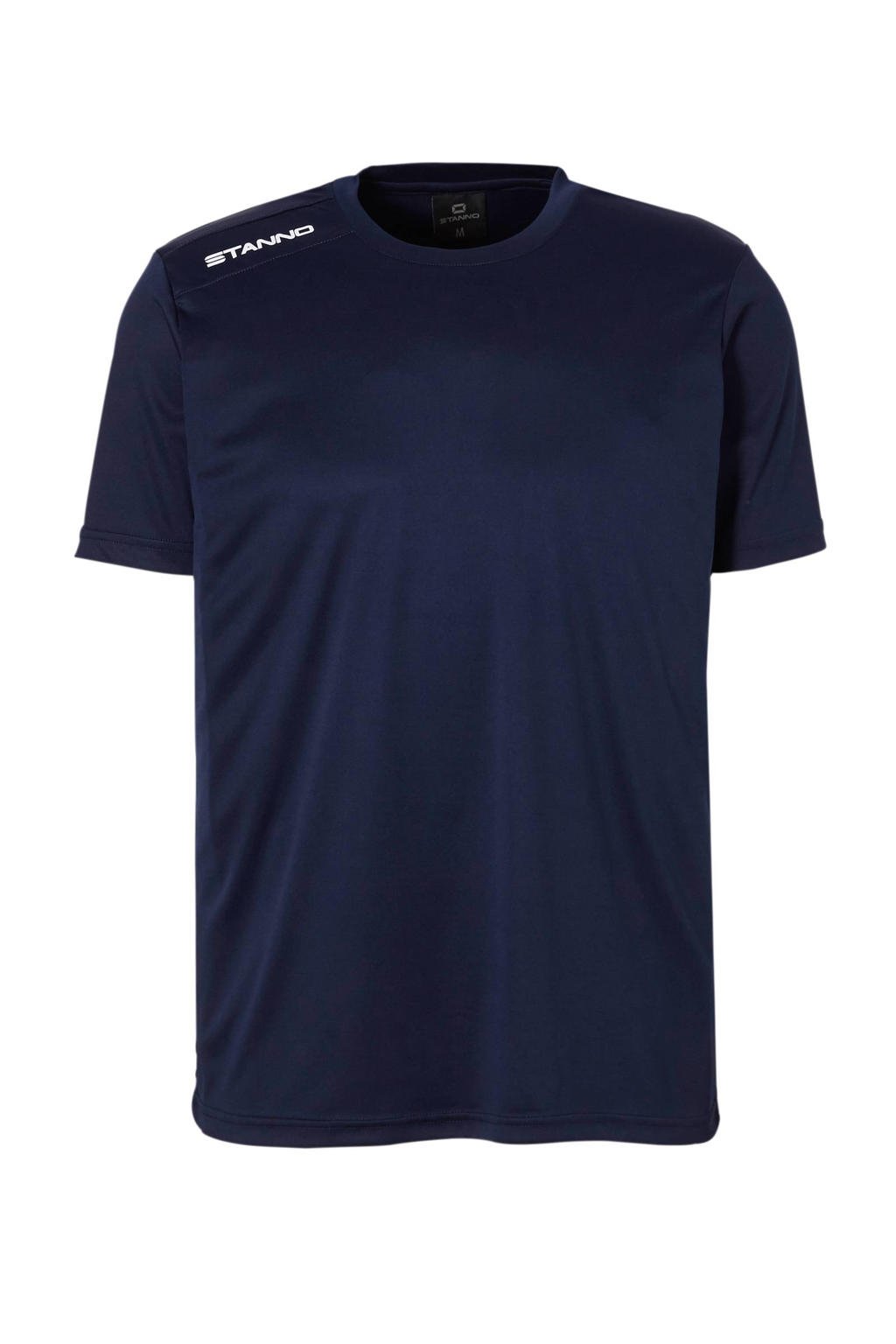 Donkerblauw en witte heren Stanno Senior sport T-shirt van polyester met korte mouwen en ronde hals