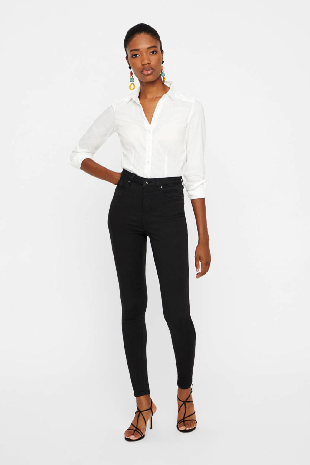 Zwarte dames VERO MODA high waist skinny jeans stay black van duurzaam stretchdenim met rits- en knoopsluiting