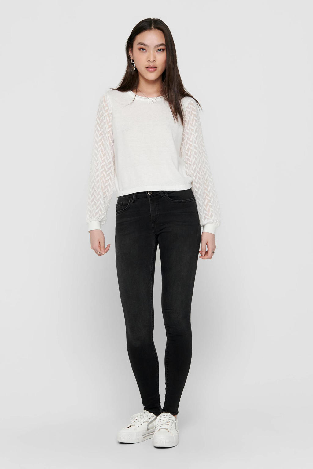 Zwarte dames ONLY skinny jeans black regular van stretchdenim met rits- en knoopsluiting en effen