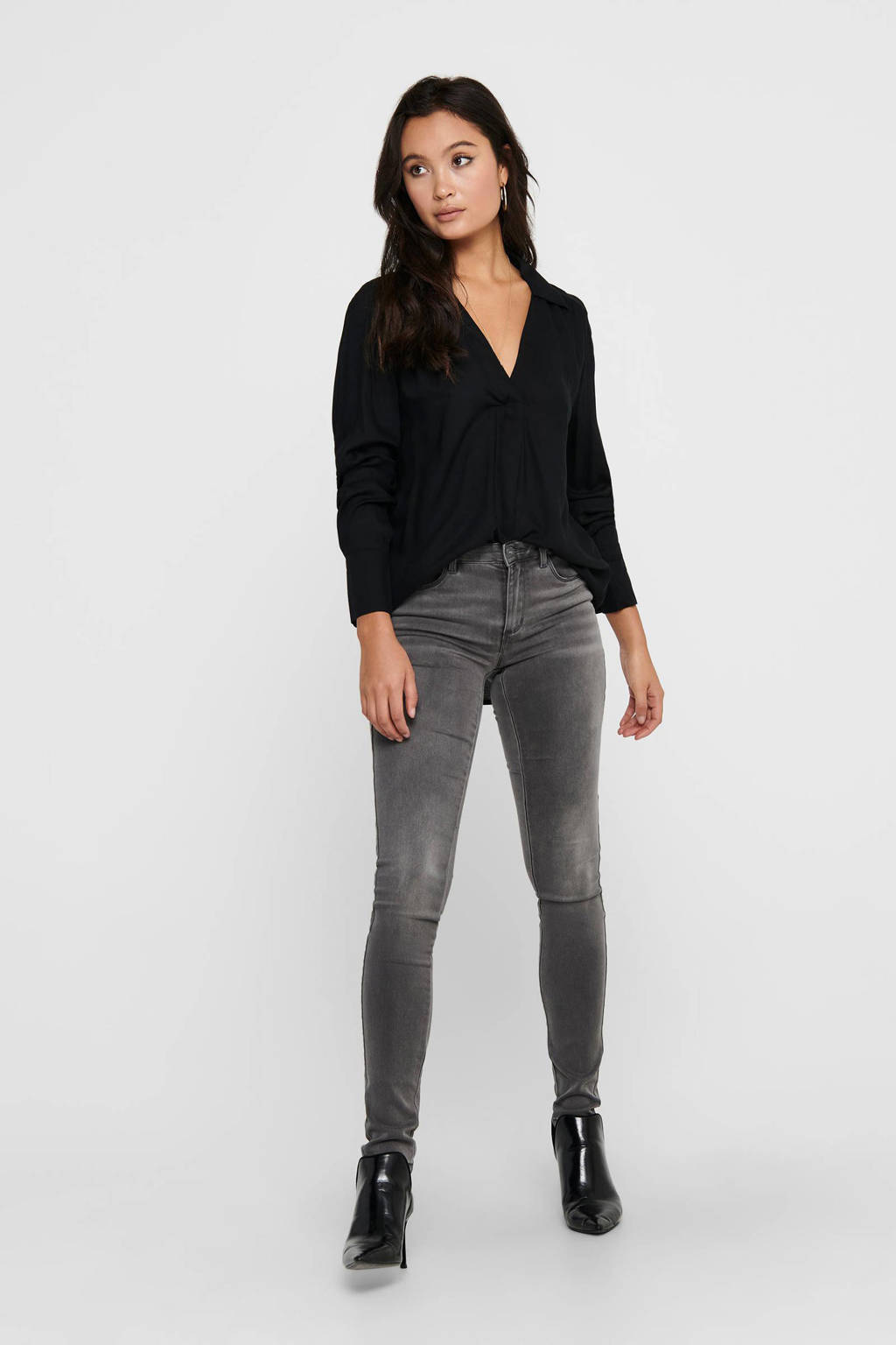 Grijze dames ONLY skinny jeans van duurzaam stretchdenim met regular waist en rits- en knoopsluiting