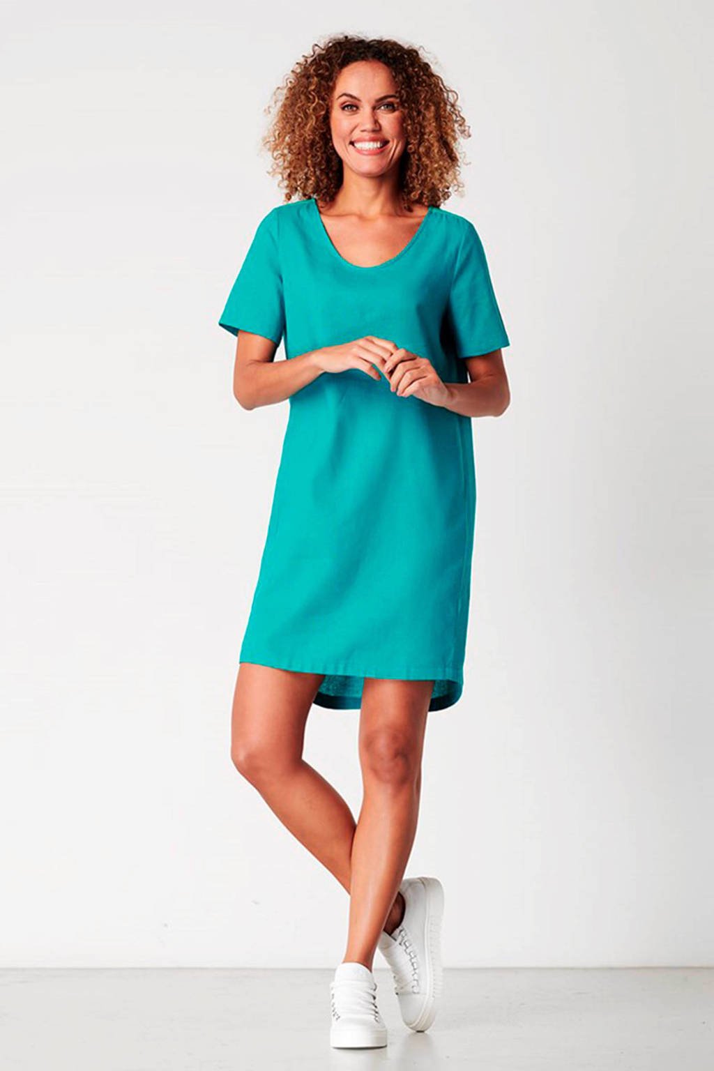 vermogen Hoopvol onderbreken La Ligna jurk met linnen turquoise | wehkamp