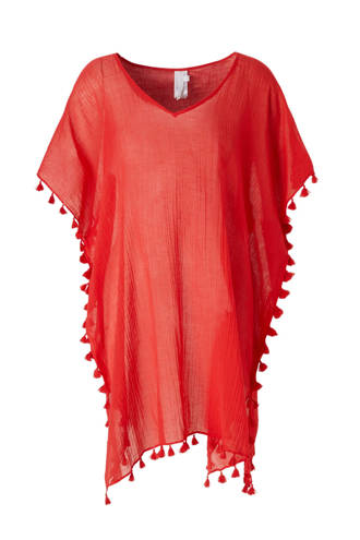 kaftan met kwastjes koraalrood