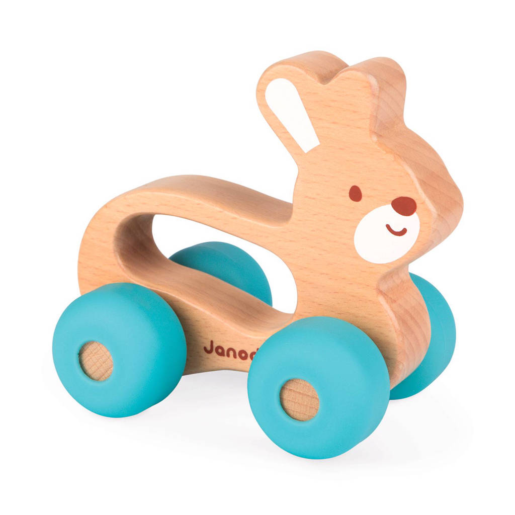 Janod houten duwfiguur konijn, Blauw