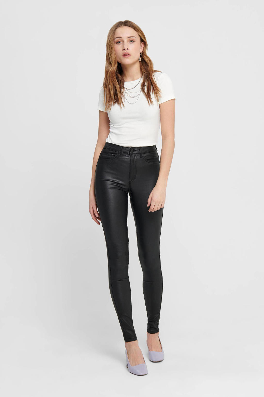 ONLY coated high waist skinny broek ONLROYAL zwart