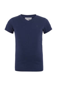 Donkerblauwe jongens Retour Denim T-shirt Sean van katoen met korte mouwen, V-hals en borduursels
