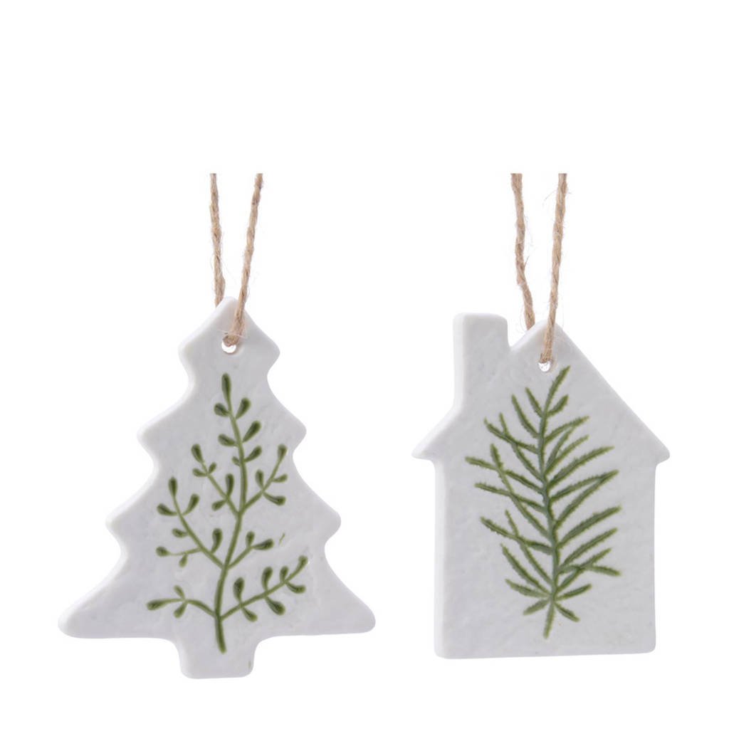 Decoris kersthanger dennenblad (5,5 cm) (set van 2), Wit/groen
