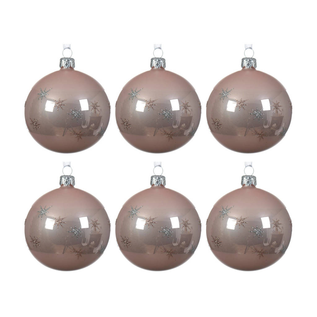 Decoris kerstballen (Ø8 cm) (set van 6), Poederroze