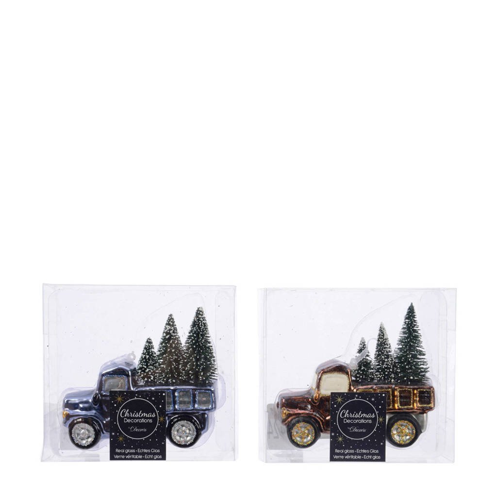 Decoris glazen kersthanger auto (12 cm) (set van 2), Blauw/Koper