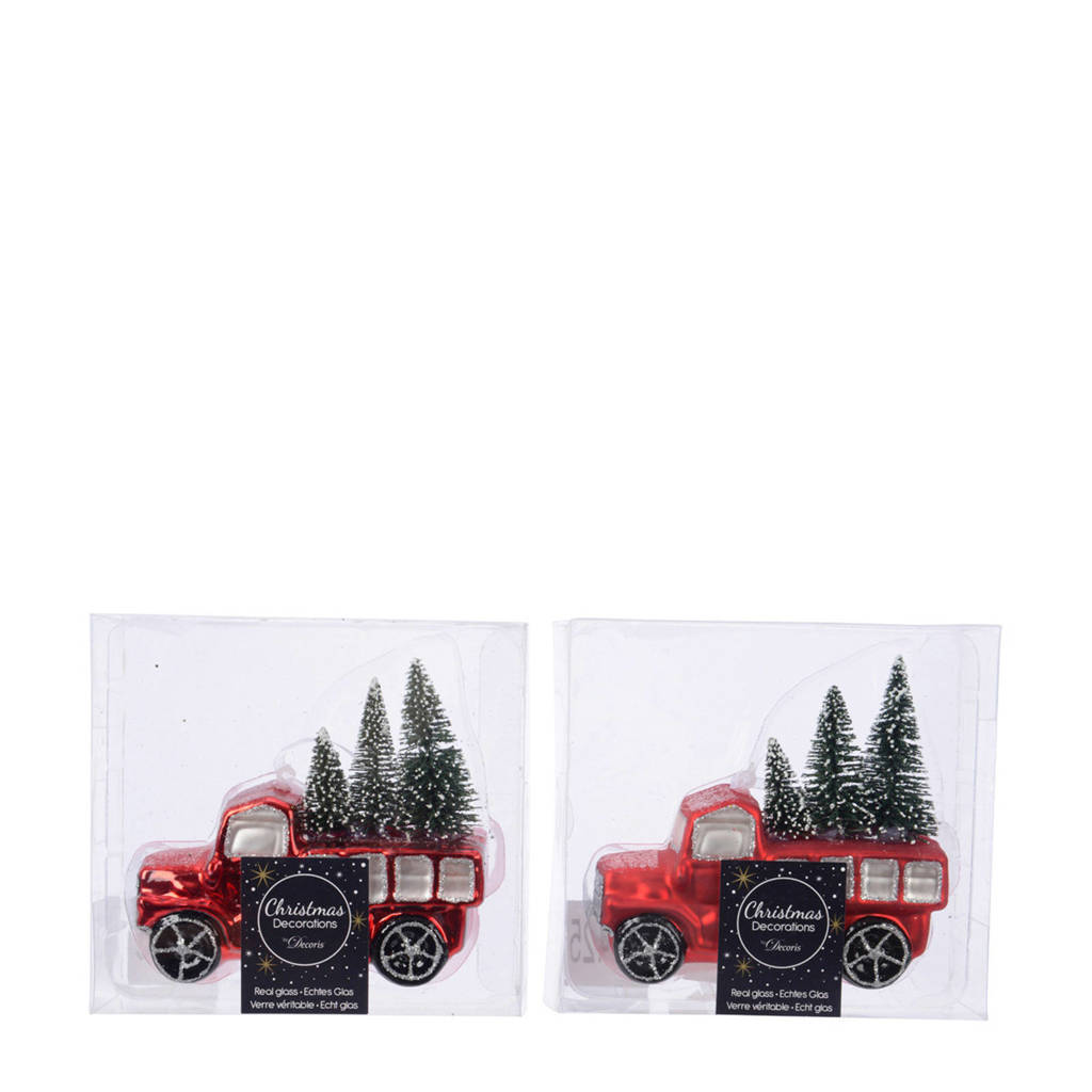 Decoris glazen kersthanger auto (12 cm) (set van 2), Rood/groen
