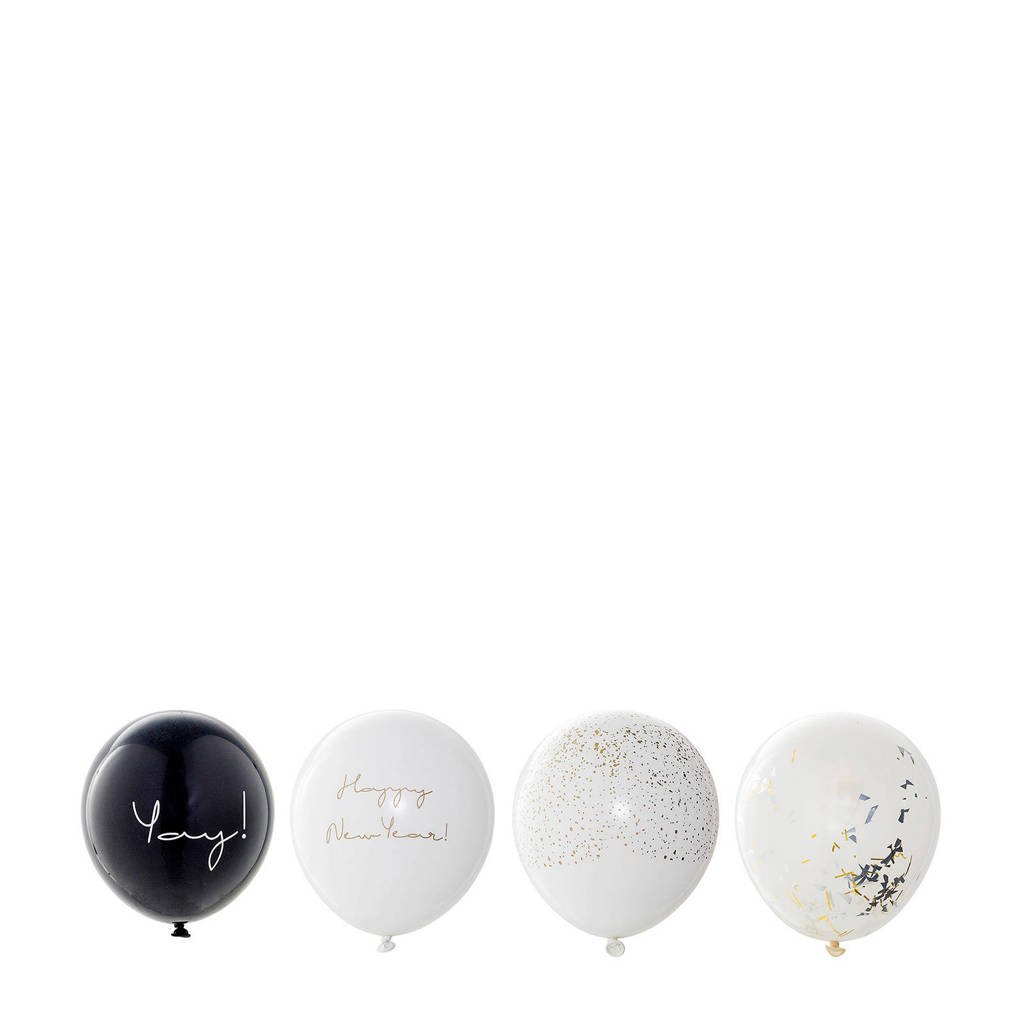 Bloomingville ballonnen Happy New Year (set van 24), Wit/Zwart/Goud