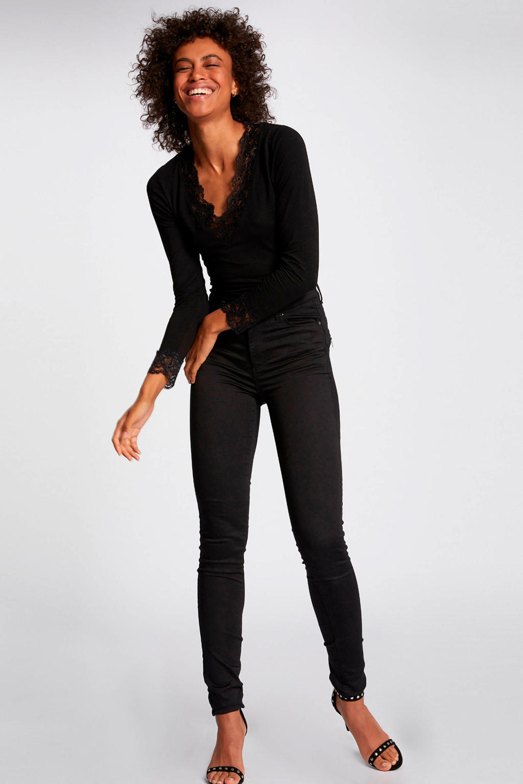 Zwarte dames Morgan top details van viscose met effen, lange mouwen en V-hals