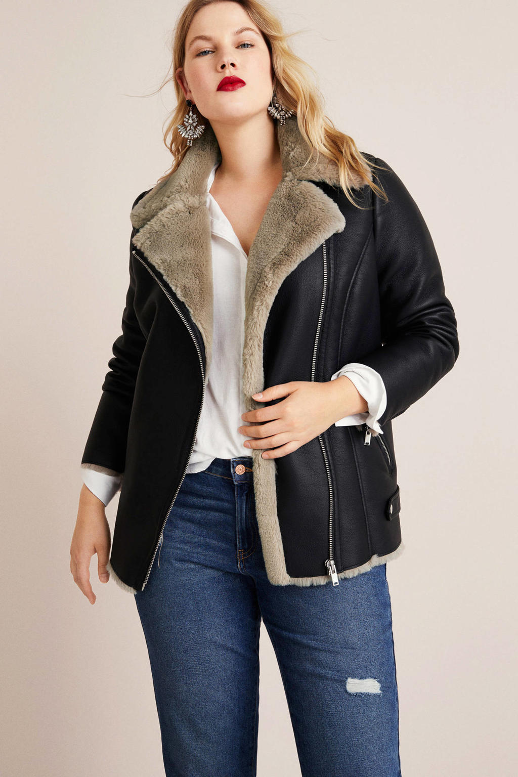 Mango Plus Size imitatieleren bikerjack zwart