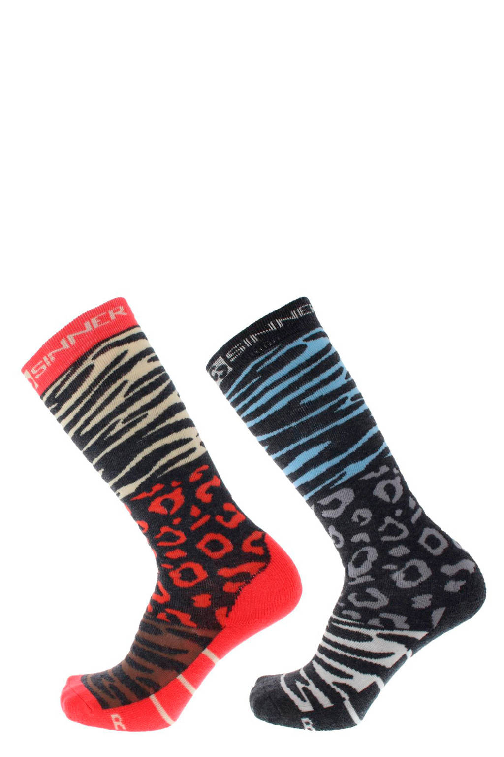 Sinner skisokken dierenprint (set van 2 paar), Roze/blauw/zwart