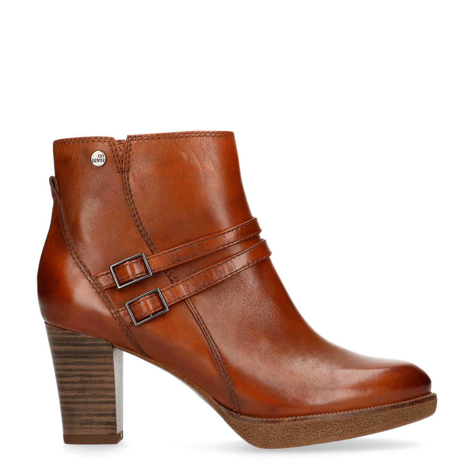 No Stress Dames Cognac enkellaarsjes met hak met gespjes - Schoenen.nl