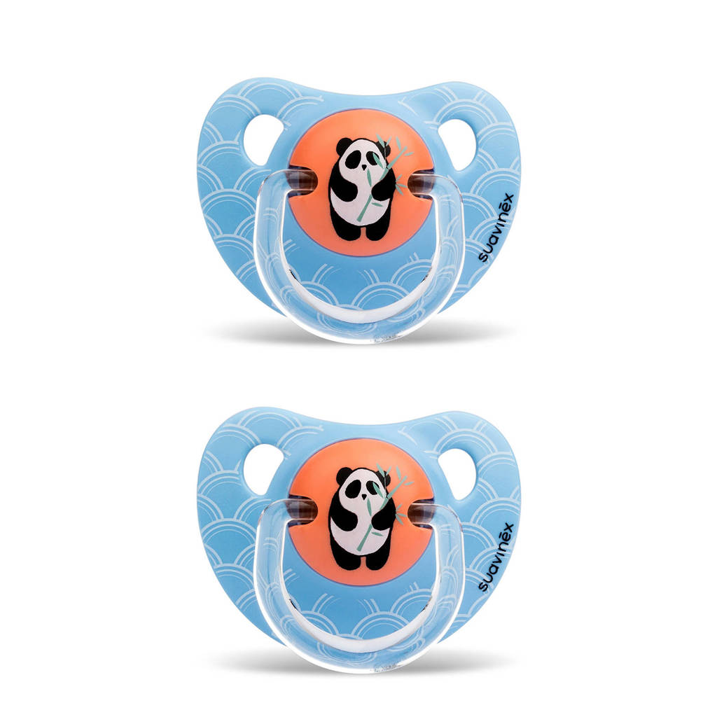 Suavinex fopspeen bamboo panda 6-18 mnd zachtblauw (2 stuks), Lichtblauw met panda print