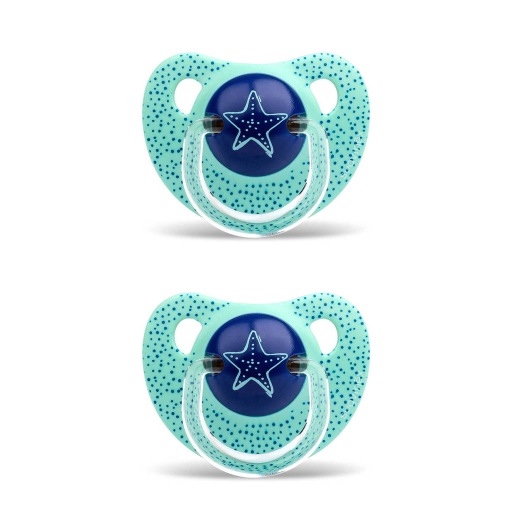 Suavinex fopspeen Sea Star 6-18 mnd aquablauw(2 stuks), Aquablauw met print zeester