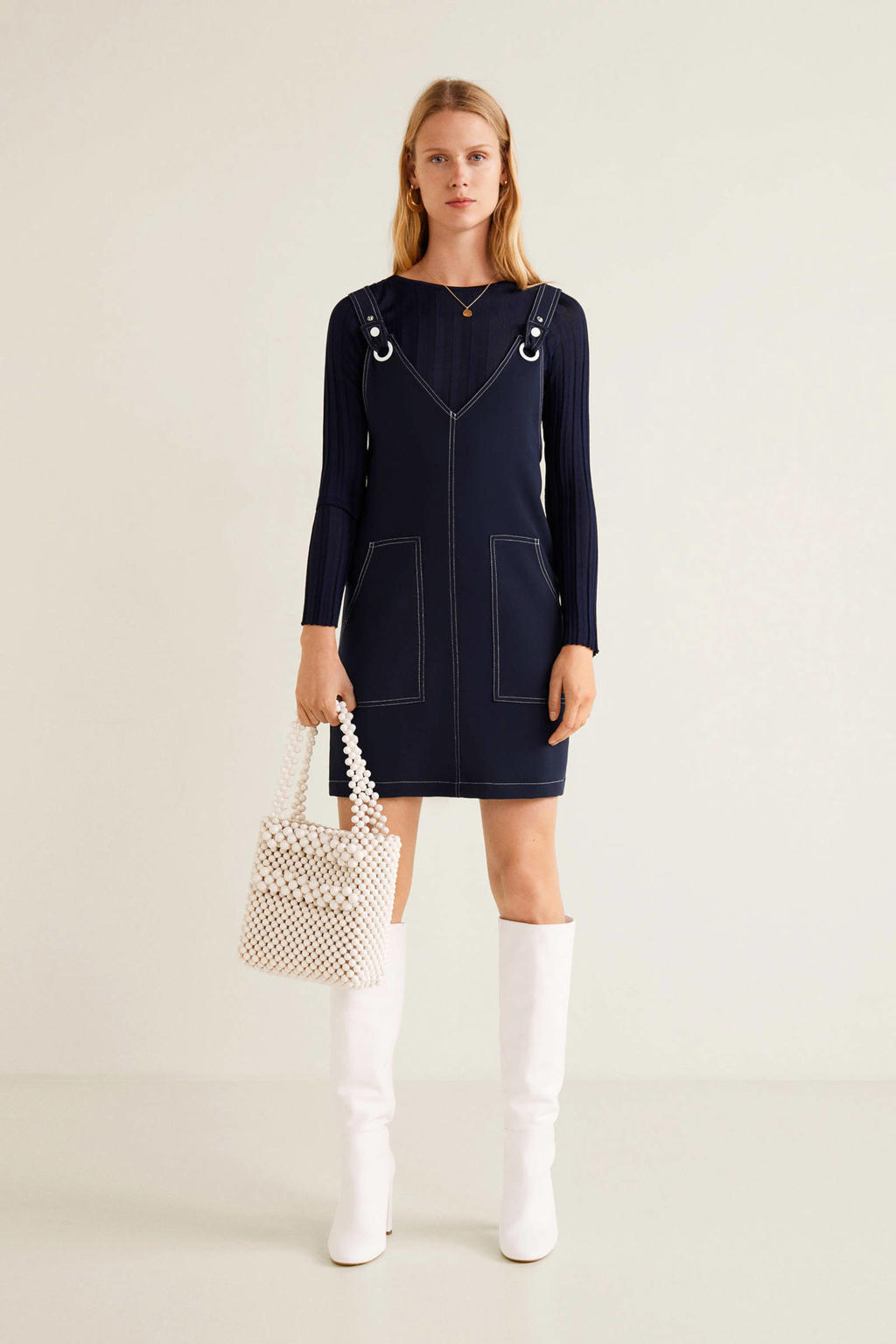 Mango overgooier met contraterende stiksels marine