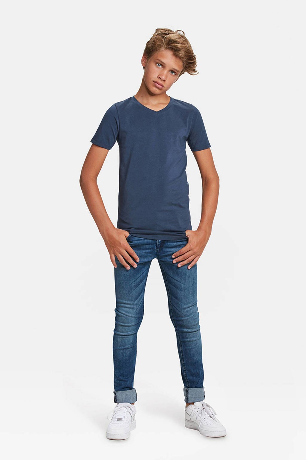 Donkerblauwe jongens WE Fashion T-shirt Basics van katoen met korte mouwen en V-hals