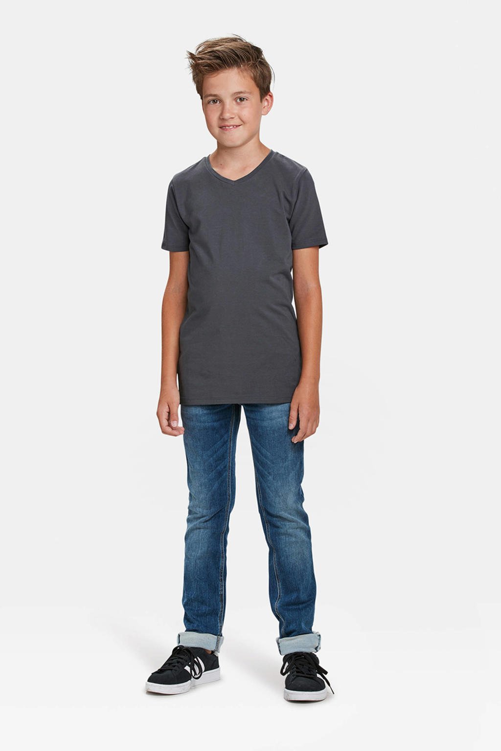 Grijze jongens WE Fashion regular fit T-shirt van katoen met korte mouwen en V-hals