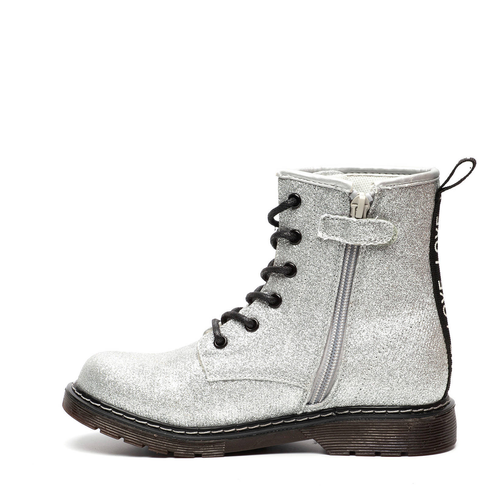 Scapino Blue Box glitter veterboots met patches zilver | wehkamp Blue Box meisjes veterboots met glitters online bestellen