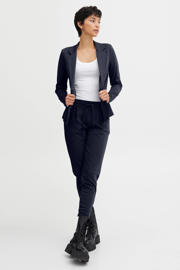 thumbnail: Donkerblauwe dames ICHI slim fit pantalon van polyester met regular fit, regular waist, elastische tailleband met koord en effen