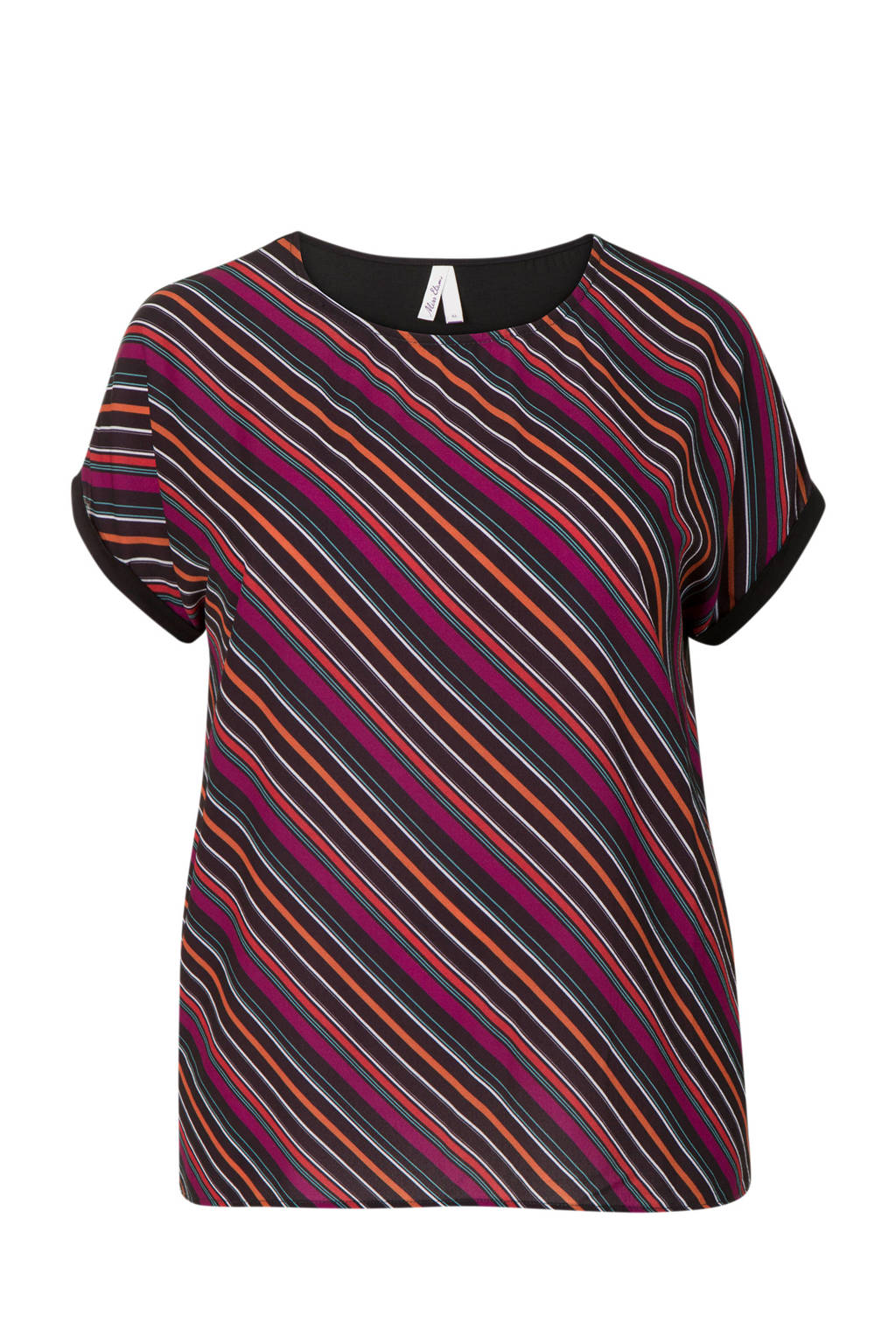 Miss Etam Plus gestreept T-shirt paars, Paars/zwart