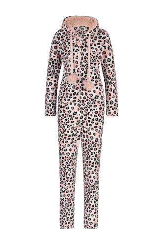 fleece onesie met panterprint roze
