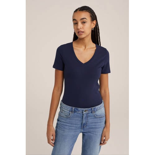 WE Fashion basic T-shirt met katoen donkerblauw afbeelding