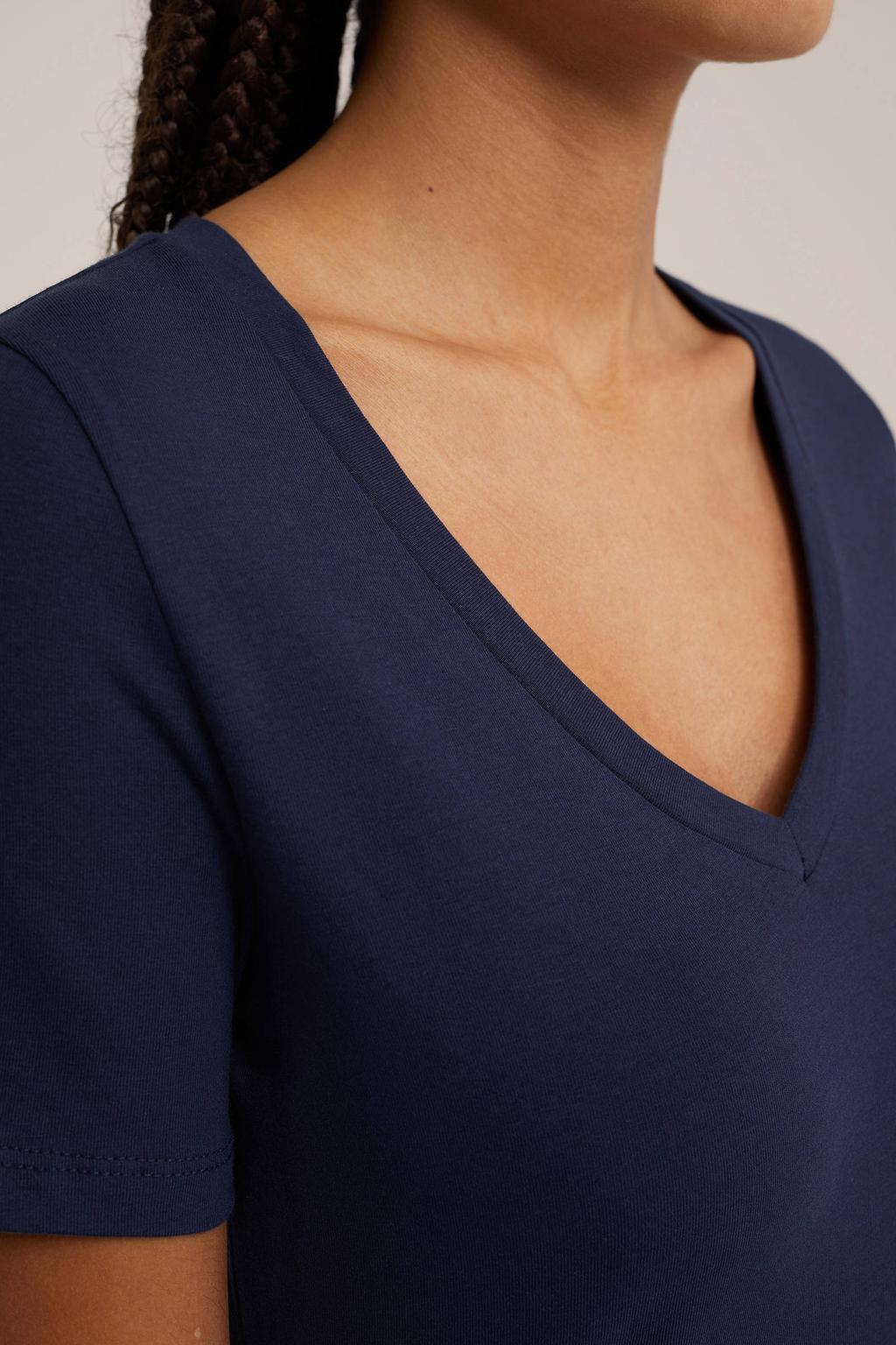 Marineblauw dames WE Fashion basic T-shirt van katoen met effen, korte mouwen en V-hals