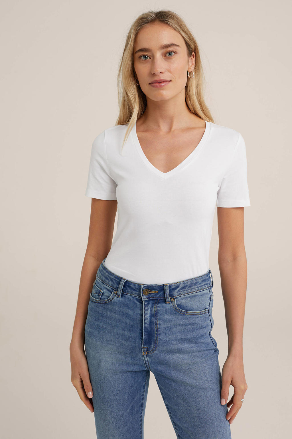 Witte dames WE Fashion basic T-shirt van katoen met effen, korte mouwen en V-hals