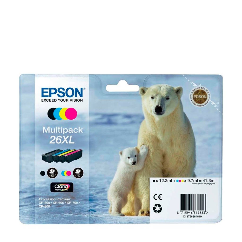 Epson T2636XL multipack inktcartridges (zwart+kleur), Zwart, Geel, Cyaan en Magenta